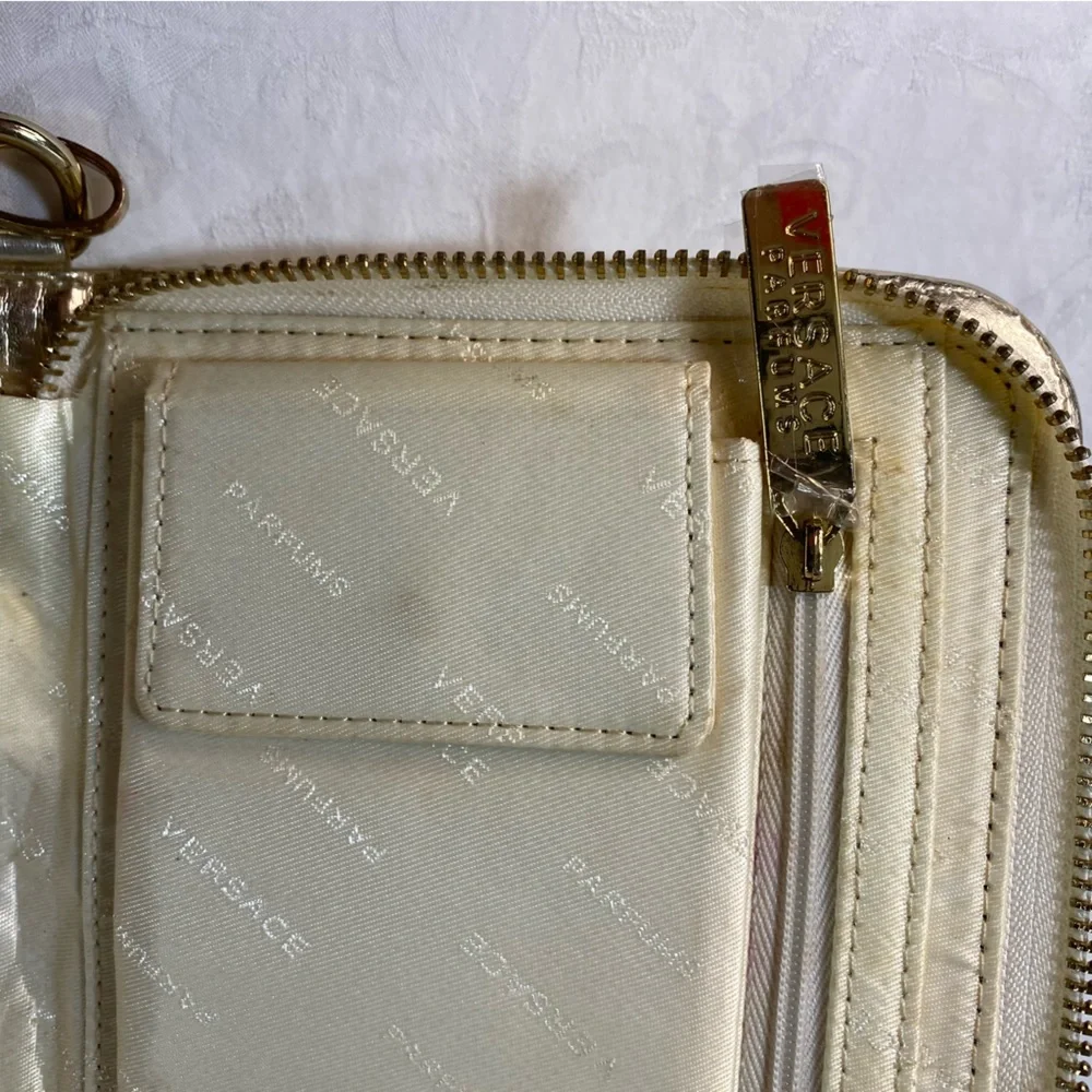 Versace Parfums Gold Metallic Zip-Around Wallet Clutch Wristlet Organiser wChain